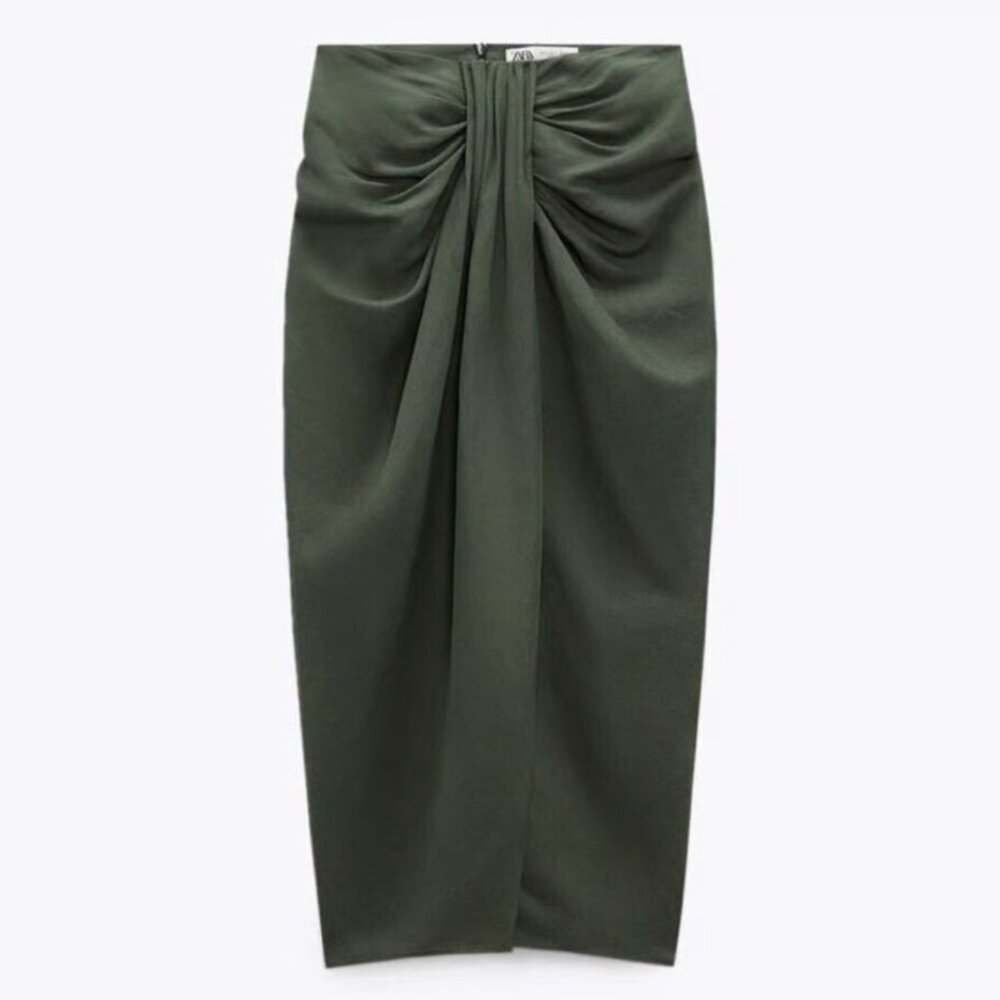 Green Zara High-Waist Linen Blend Pleated Ruched Slit-Front Midi Skirt